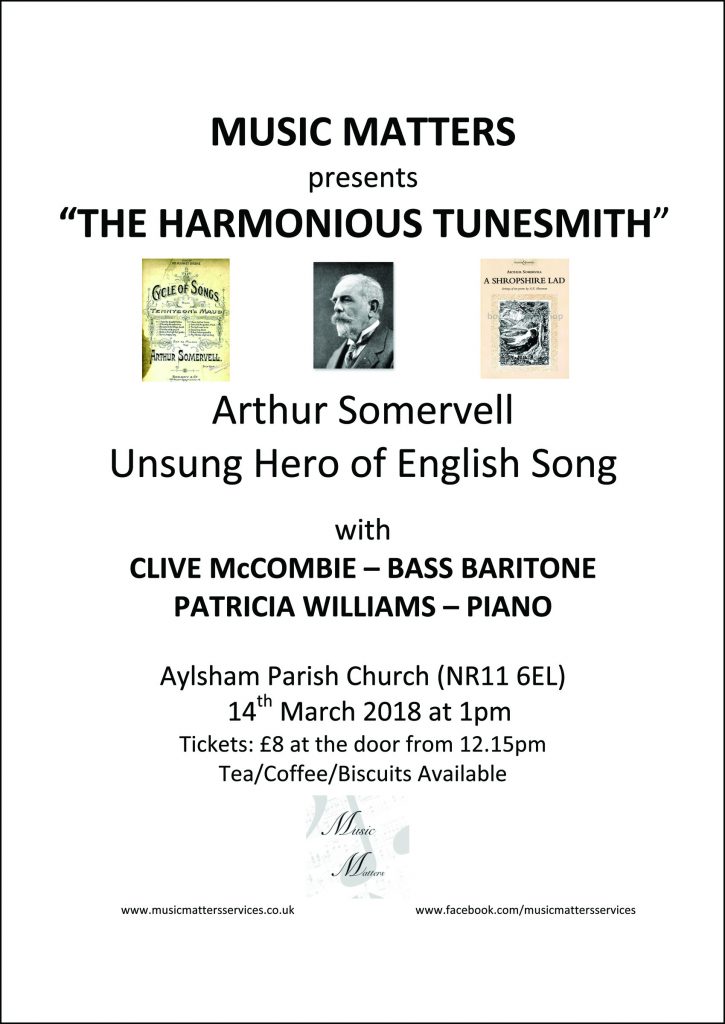  poster with text and small images, for concert, Wed 14 March 1pm, Aylsham Parish Church, The Shropshire Lad by Housman and Maud by Tennyson, music by Arthur Somervell, sung by local bass baritone Clive McCombie. £8